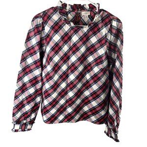 J.Crew Womens Plaid Ruffle Neck Blouse Size M Long Sleeve Holiday Plaid EUC Sz M